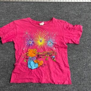 Basic Image T-Shirt Girls Size 10/12 Pink Cotton Glitter Fireworks Teddy Bear